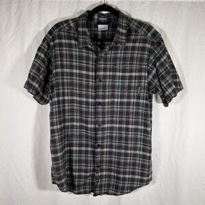 Columbia Shirt Men's Medium Grey Green Plaid Button Up Short Sleeve